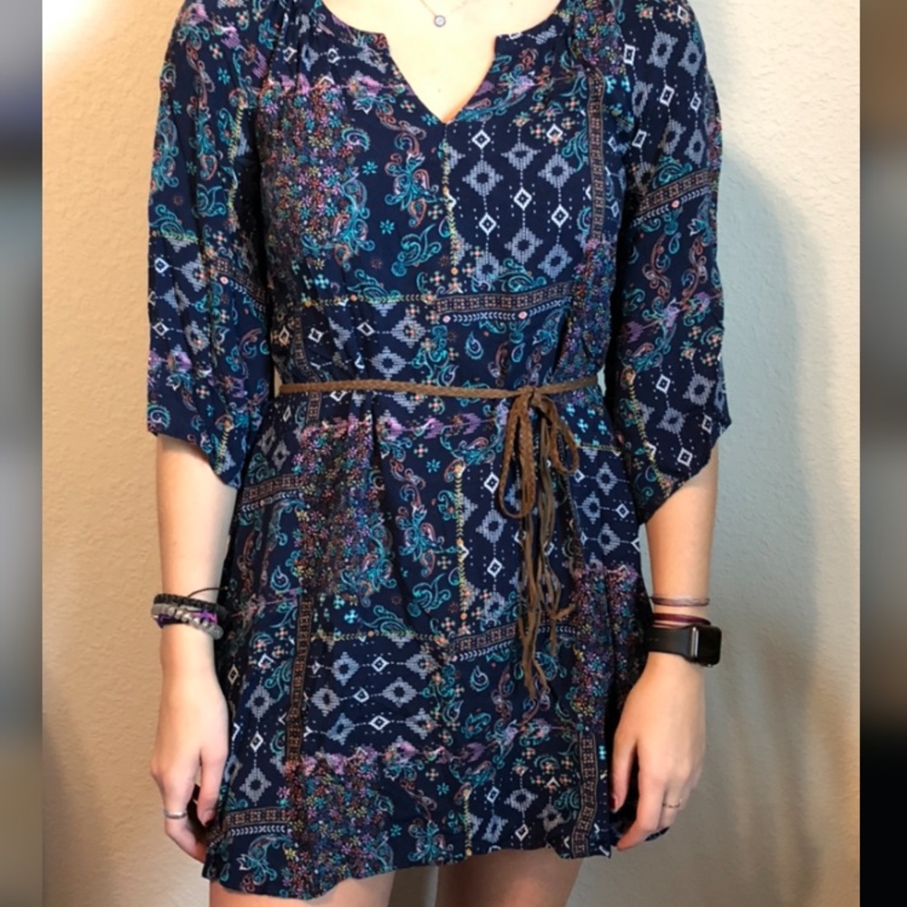 Blue boho style dress with belt